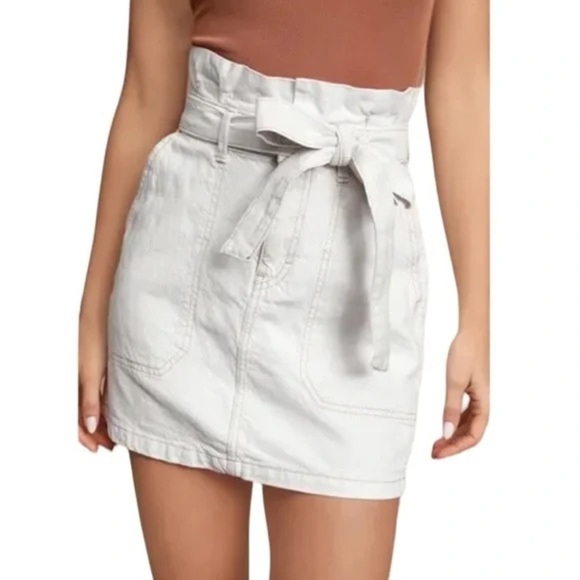 Free People Splendor in the Grass Oatmeal Denim Bow Detail Tie Mini Skirt - Picture 1 of 7